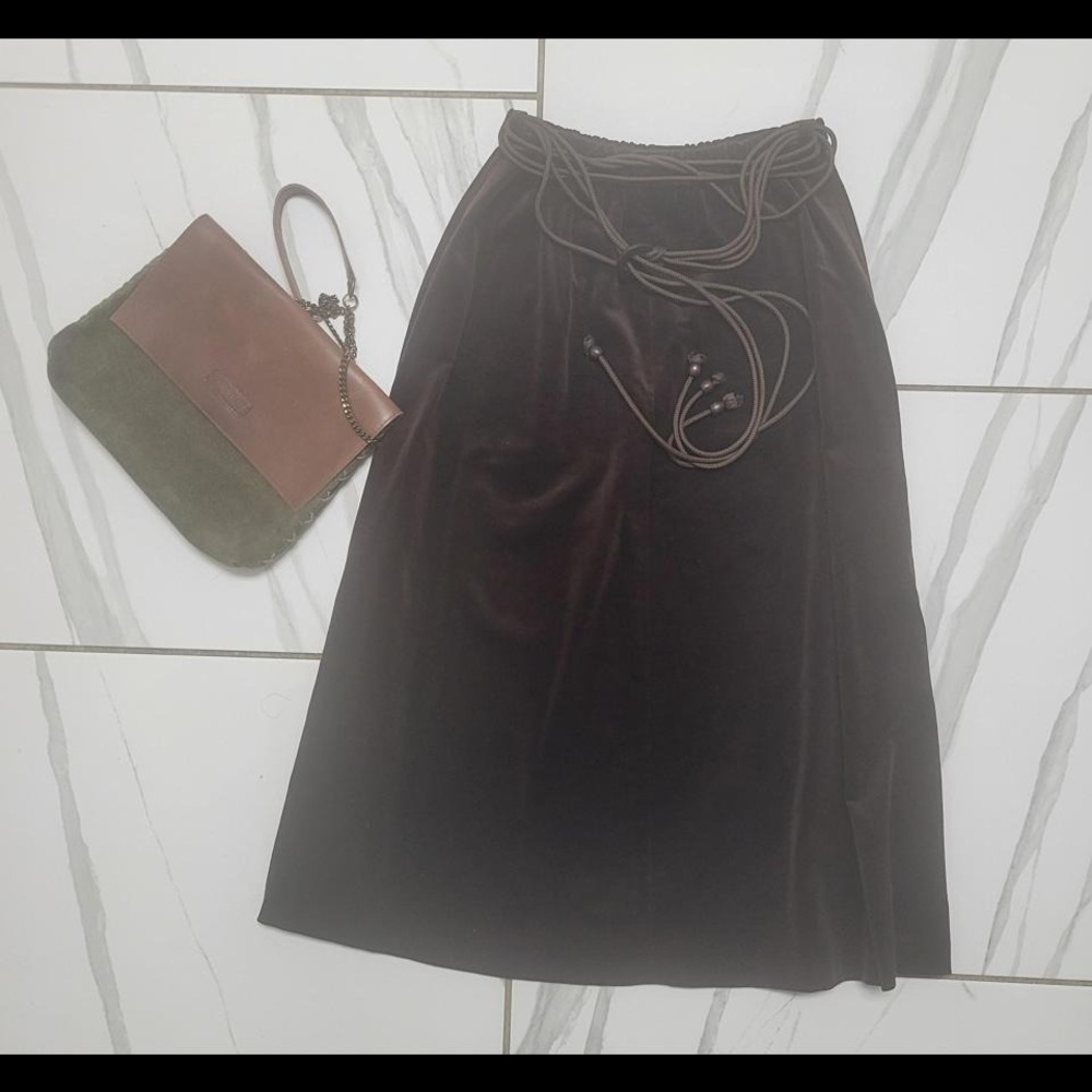 Vintage Boho Western Brown velvet belted midi skirt 100% cotton